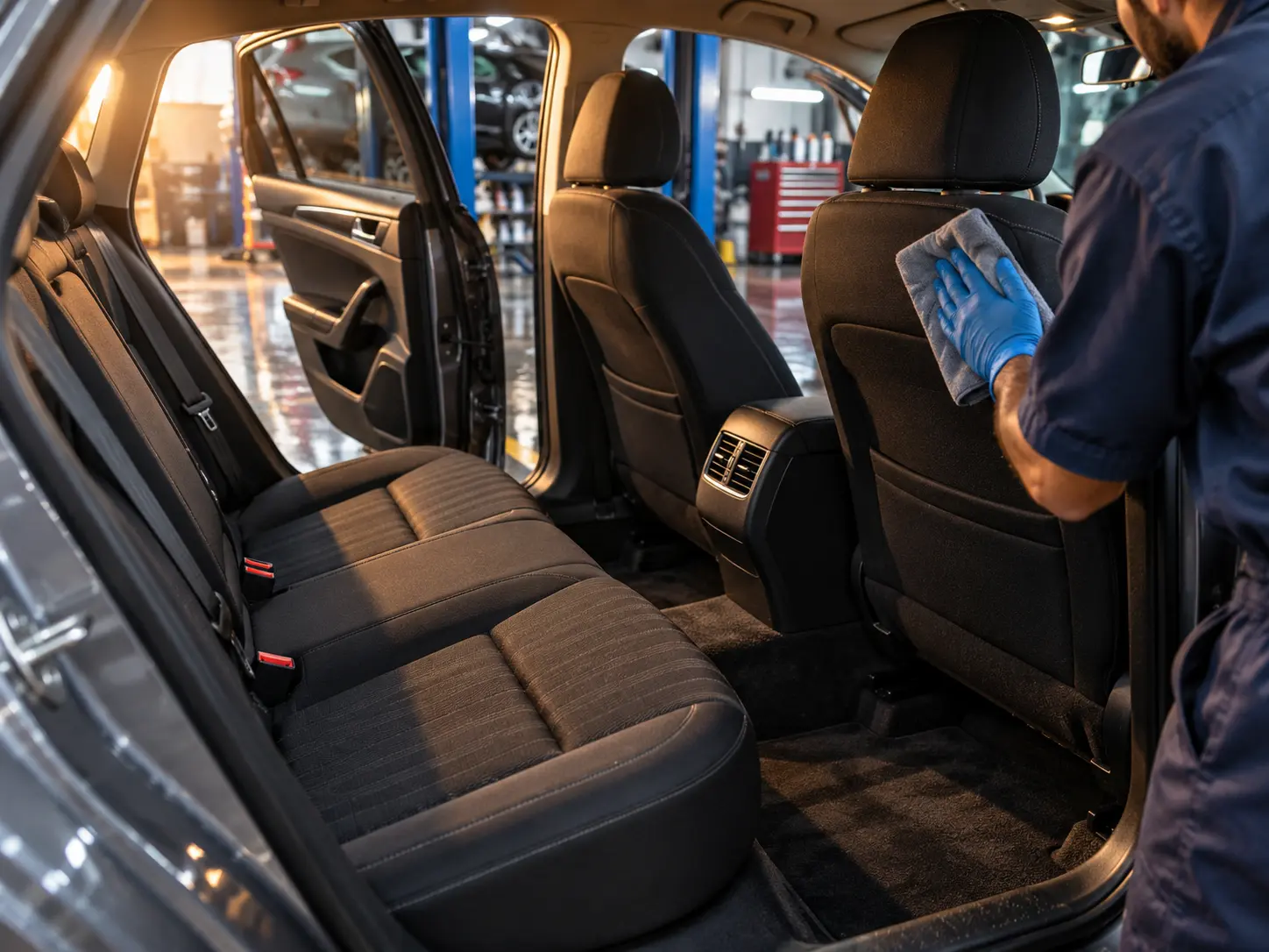 A technician foam washing a grey sedan inside the ARJ Auto Lube Center bay