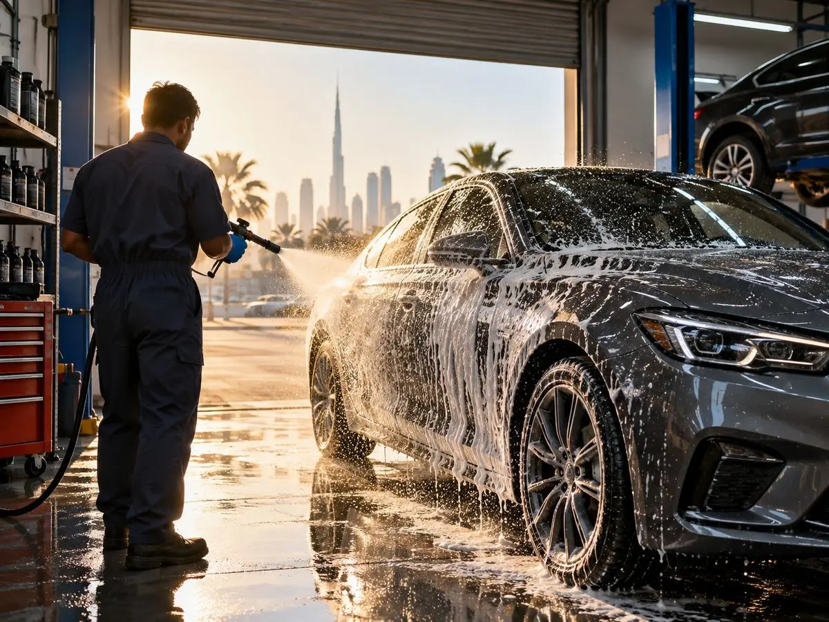 A technician foam washing a grey sedan inside the ARJ Auto Lube Center bay