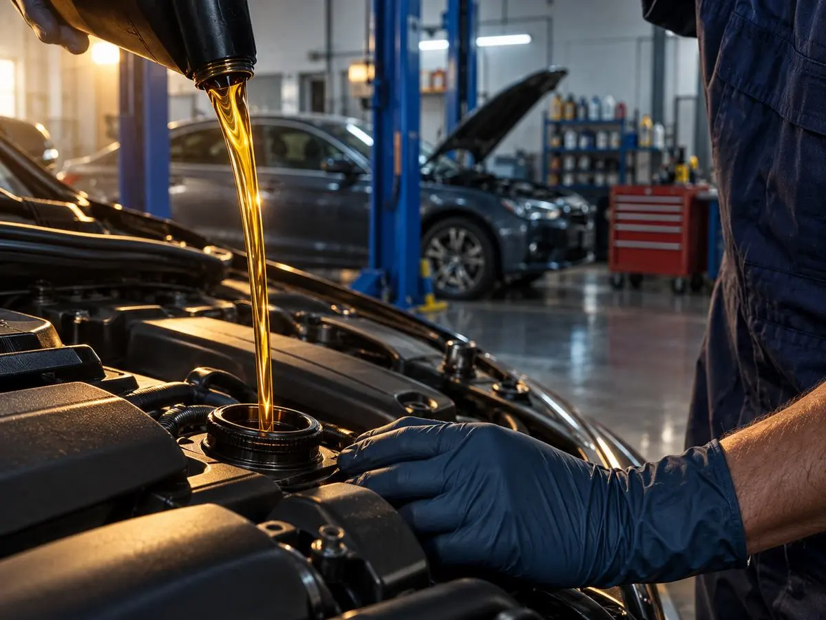Fresh engine oil being poured into an engine at ARJ Auto Lube Center