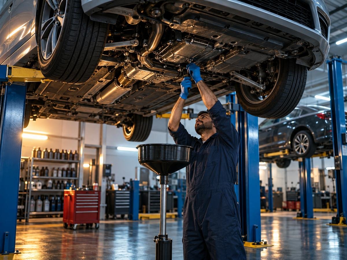 A technician draining engine oil from under a car raised on a lift at ARJ Auto Lube Center